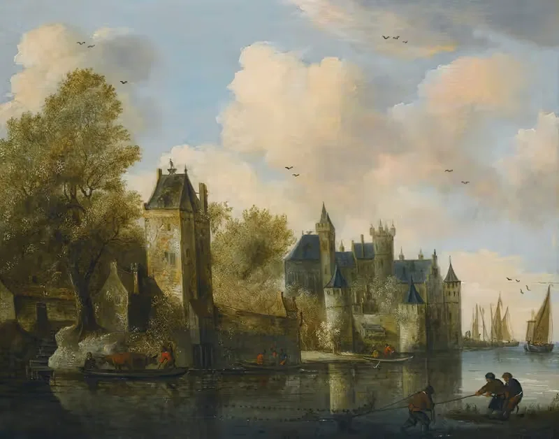 A Fortified Town On A River With A Ferry — Follower of Salomon van Ruysdael