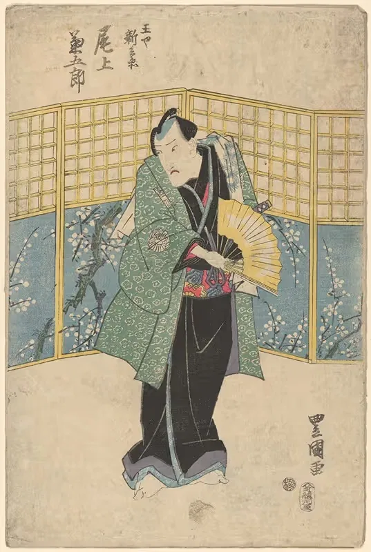 Actor in green robe with yellow fan — Toyokuni Utagawa