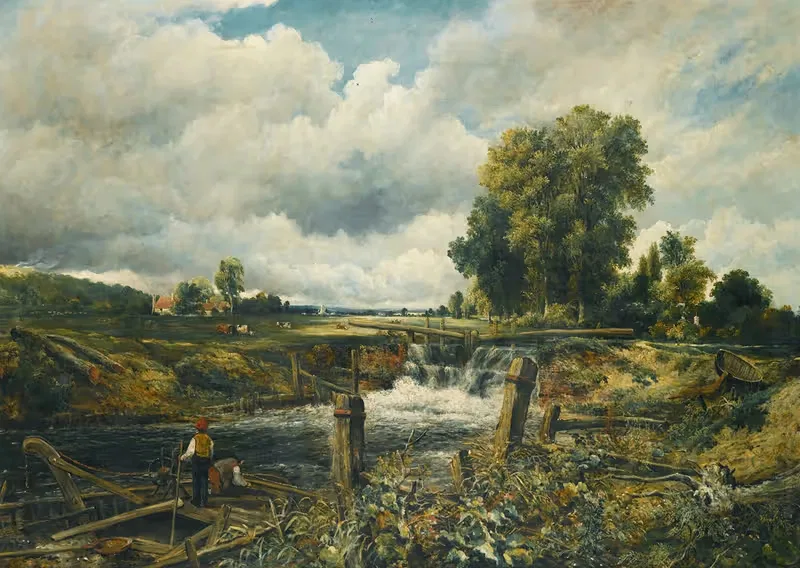 A River Landscape With Figures In A Boat By A Lock — Frederick Waters Watts