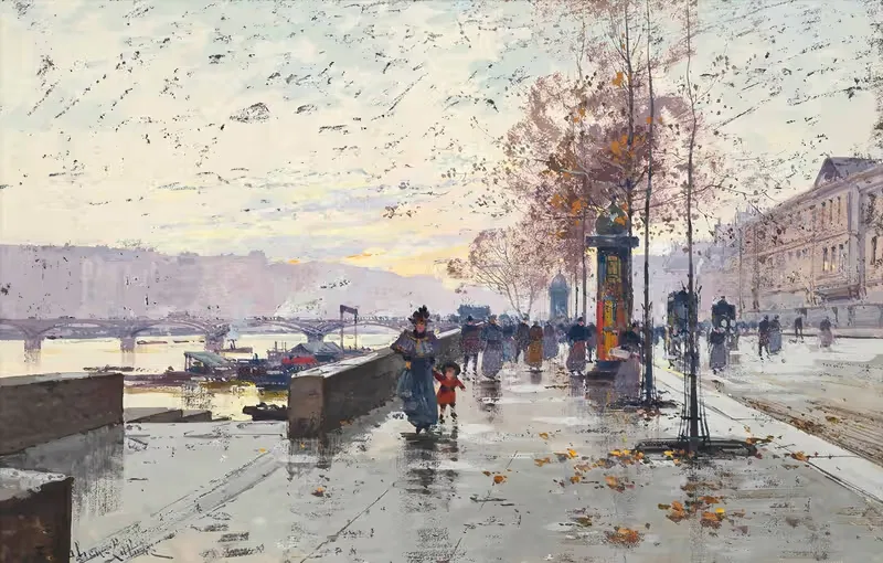 Figures at the Quai de Louvre, Paris — Eugène Galien-Laloue