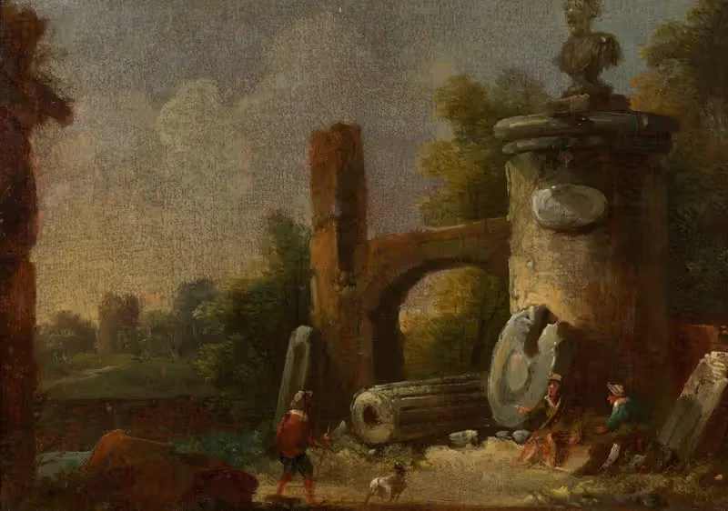 Phantastische Ruinenlandschaft mit Denksäule — Franz Thomas Canton
