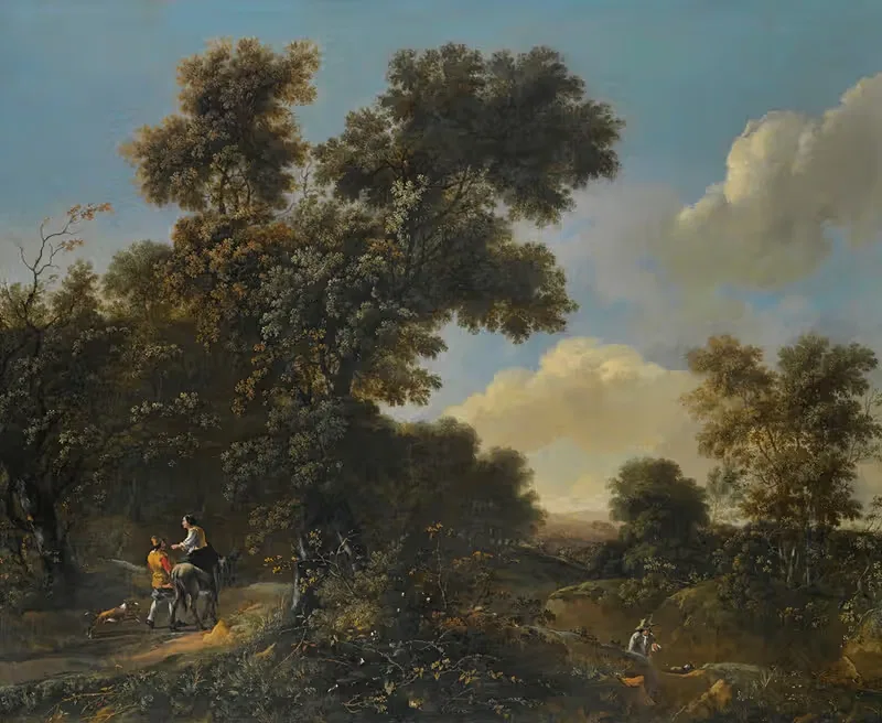 A wooded landscape with travellers on a sandy path — Adriaen Hendriksz. Verboom