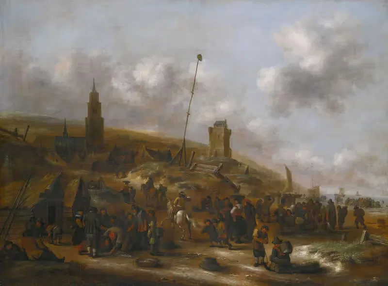 The Beach At Scheveningen With Fishermen Unloading Their Catch — Nicolaes Molenaer