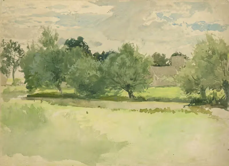 Landscape; Meadow. Church in background — Edwin Austin Abbey