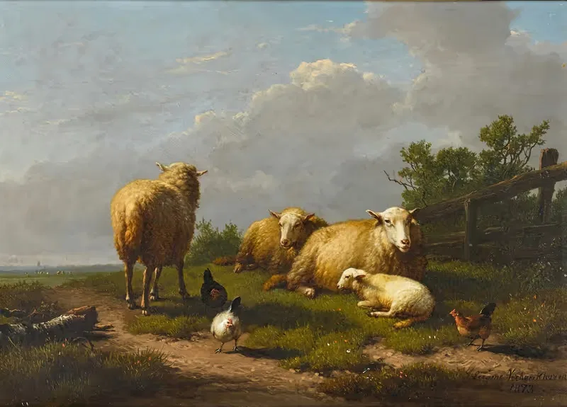 Овцы и курица в пейзаже by Южен Жозеф Вербокховен, 1873 — digital art print download