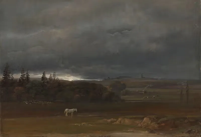 Поля рядом с Дрезденом с белой лошадью by Иоганн Кристиан Даль, 1819 — digital art print download