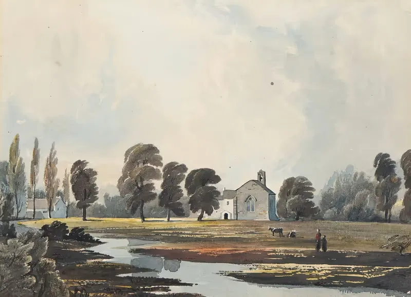 Meadow Scene With A Stream And Church Beyond — John Varley