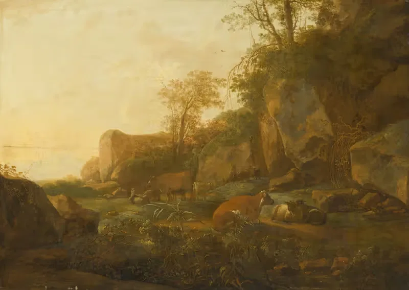 A mountainous landscape with cattle by Adam Pynacker — digital art print download