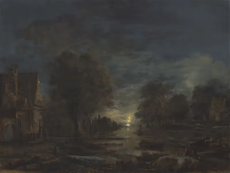 A moonlit landscape, with an inn beside a river — Aert van der Neer
