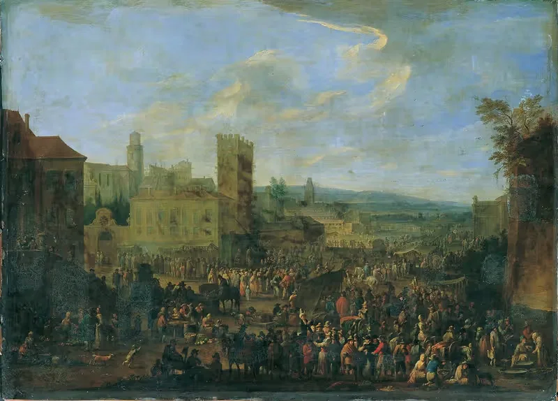 Jahrmarkt mit zinnenbekröntem Bergfried — Franz de Paula Ferg