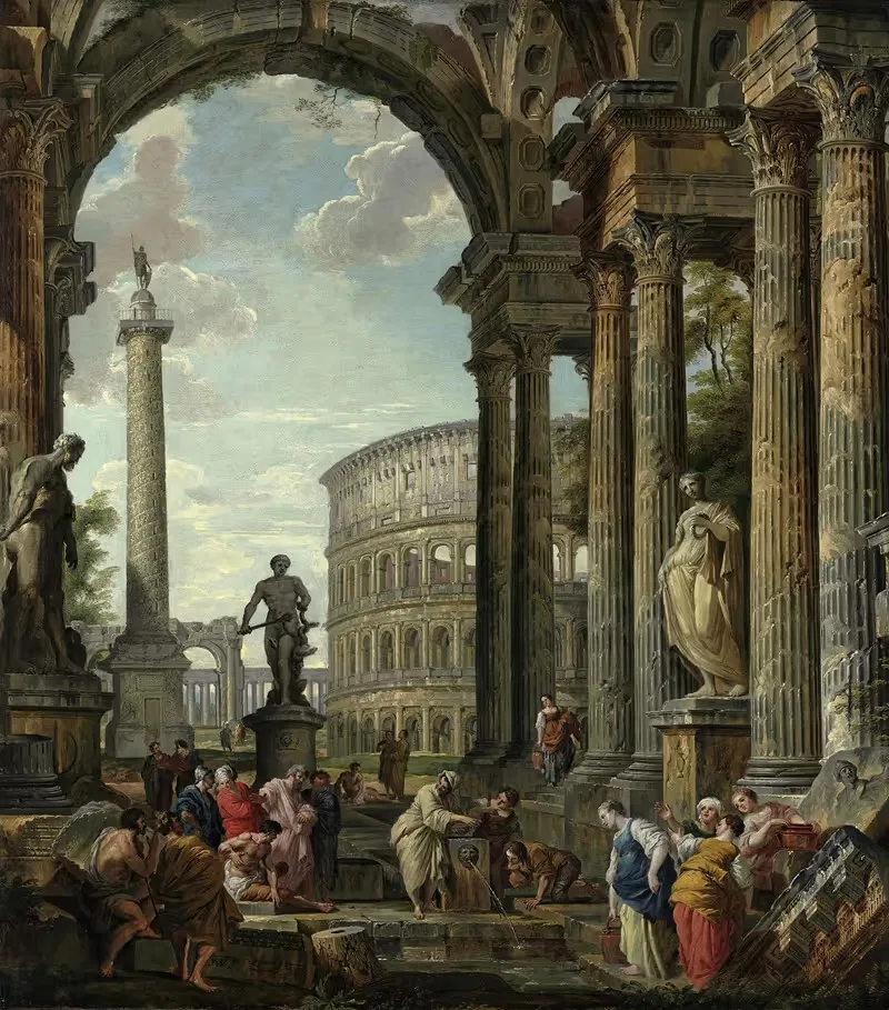 An architectural capriccio with the philosopher Diogenes and other figures — Giovanni Paolo Panini