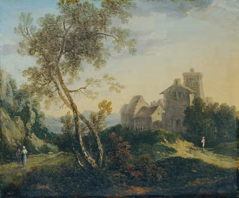 Ideale Landschaft mit Bäumen und befestigtem Dorf (Der Abend) — Johann Christian Brand