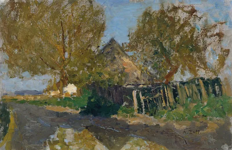 Dorfstraße mit Gehöft unter Bäumen — Alfred Zoff