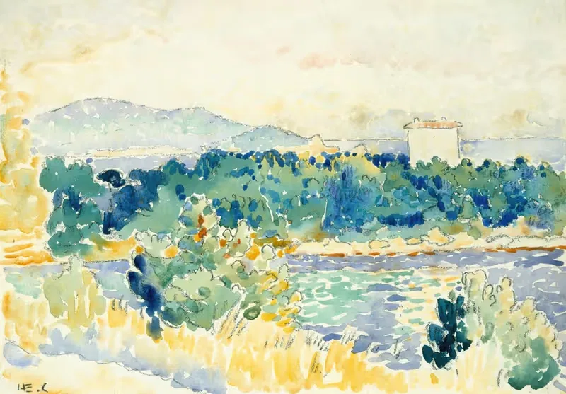 Средиземноморский пейзаж с белым домом by Анри-Эдмон Кросс, 1900–1905 — digital art print download