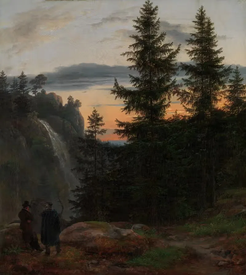 Два человека перед водопадом на закате by Иоганн Кристиан Даль, 1823 — digital art print download