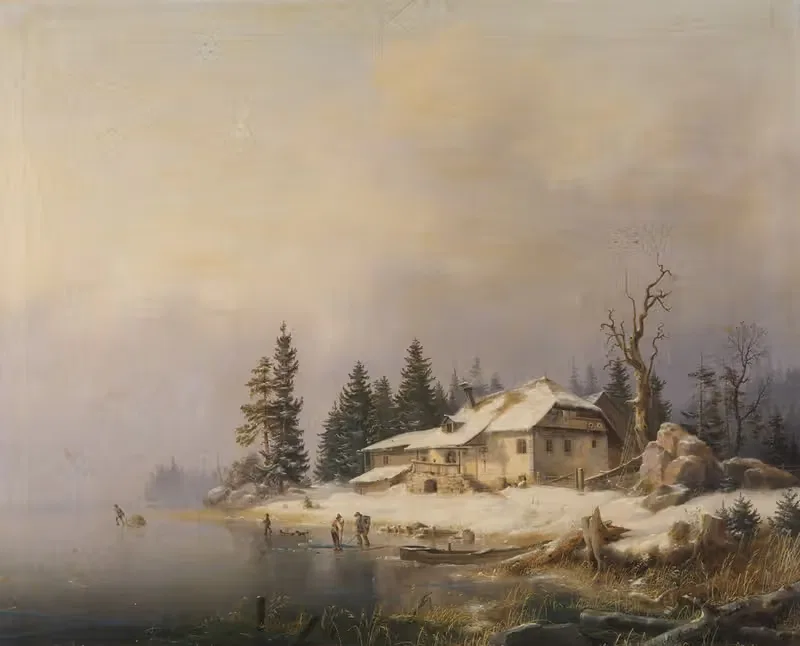 Ферма у зимнего озера by Маркус Пернхардт, 1850 — digital art print download
