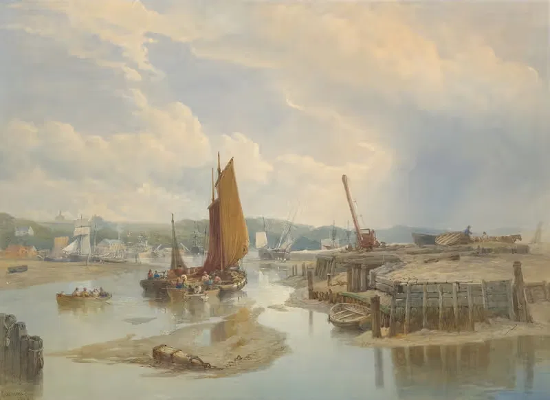 A Town on an Estuary at Low Tide — Edward Duncan