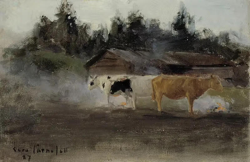 Коровы в дыму от торфа, эскиз by Ээро Ярнефельт, 1887 — digital art print download