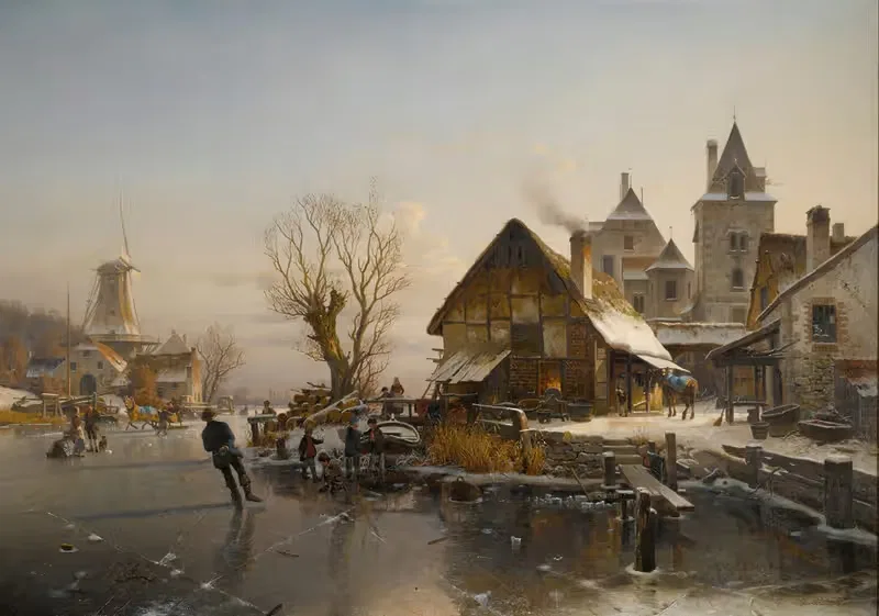Катание на коньках на канале by Иоганнес Бертольомей Дунце, 1864 — digital art print download