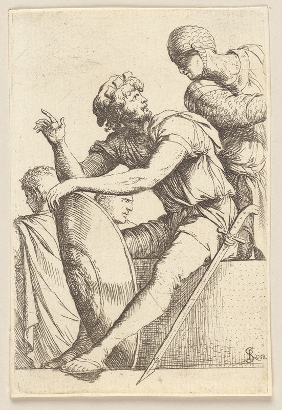 Seated Soldier with Shield and Two Other Figures by Сальватор Роза, 1656 - 1657 — digital art print download
