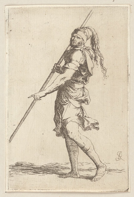 Soldier Holding a Cane with Both Hands, Walking Toward the Left — Salvator Rosa