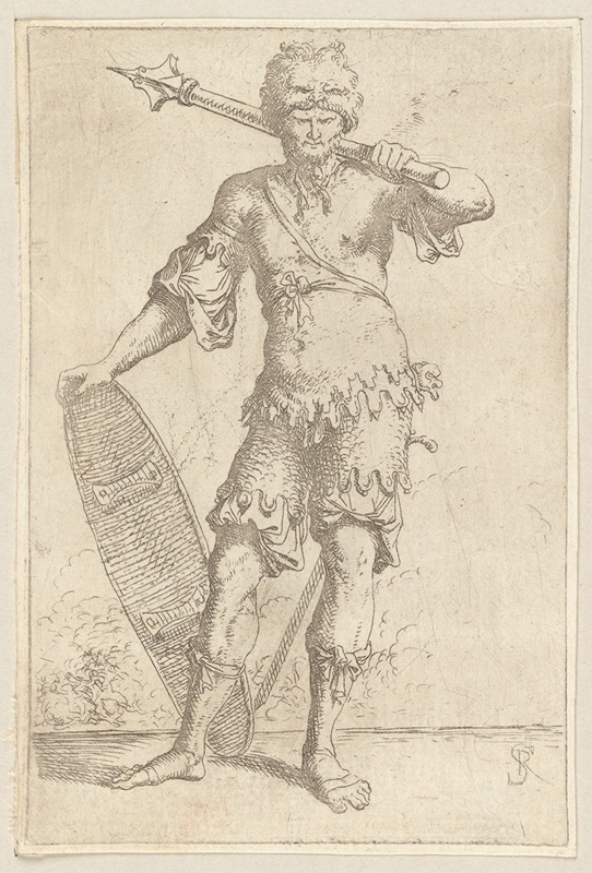 Soldier, En Face, Shouldering a Pike and Holding a Shield — Salvator Rosa