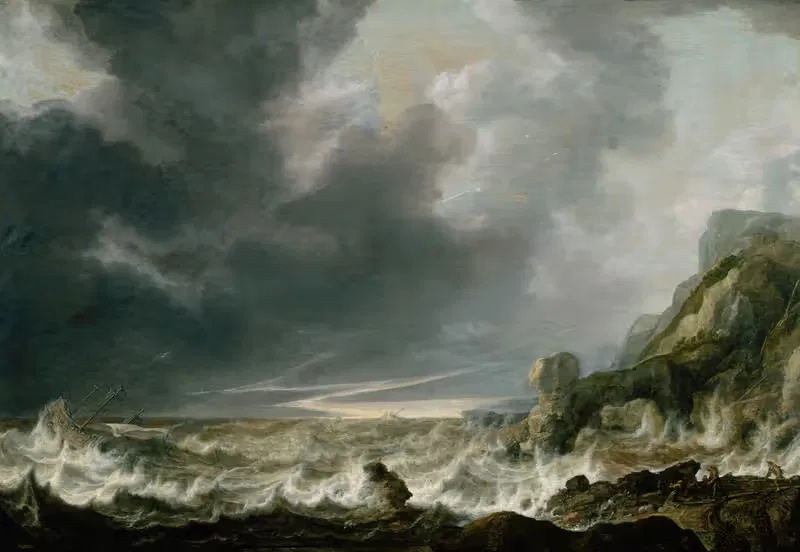 Ship in Distress off a Rocky Coast — Simon de Vlieger