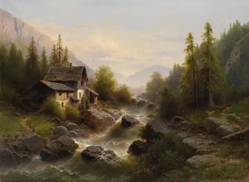 Landschaft mit Wassermühle im Berner Oberland — Albert Rieger