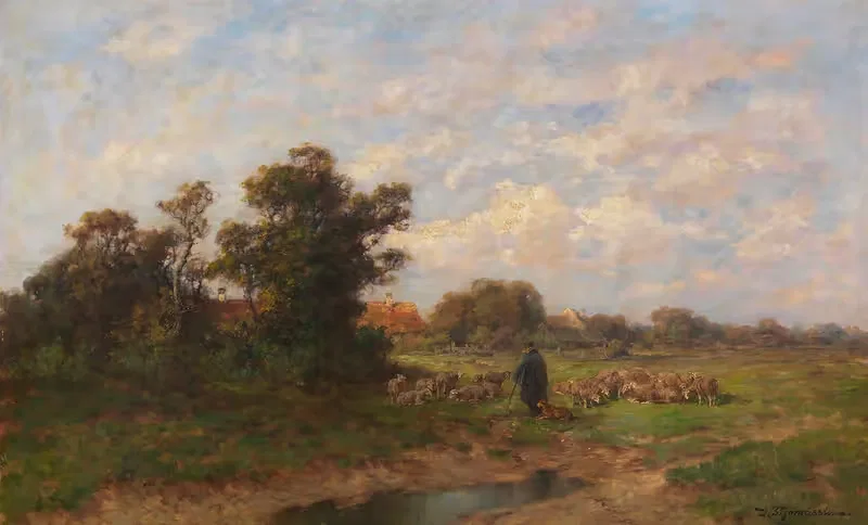 Schäfer mit seiner Herde am Dorfrand — Désiré Thomassin