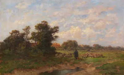 Schäfer mit seiner Herde am Dorfrand by Désiré Thomassin, 1900 — digital art print download