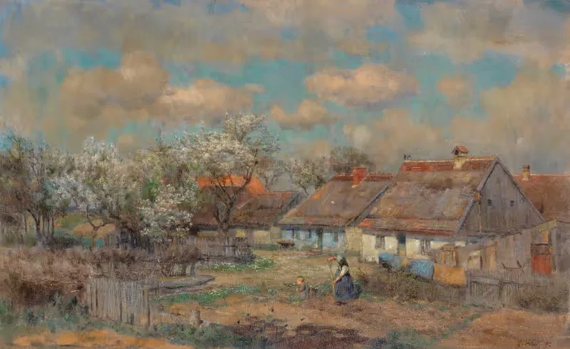 Ein Maitag (Dorfansicht mit Gemüsegärten) by Georg Flad, 1897 — digital art print download