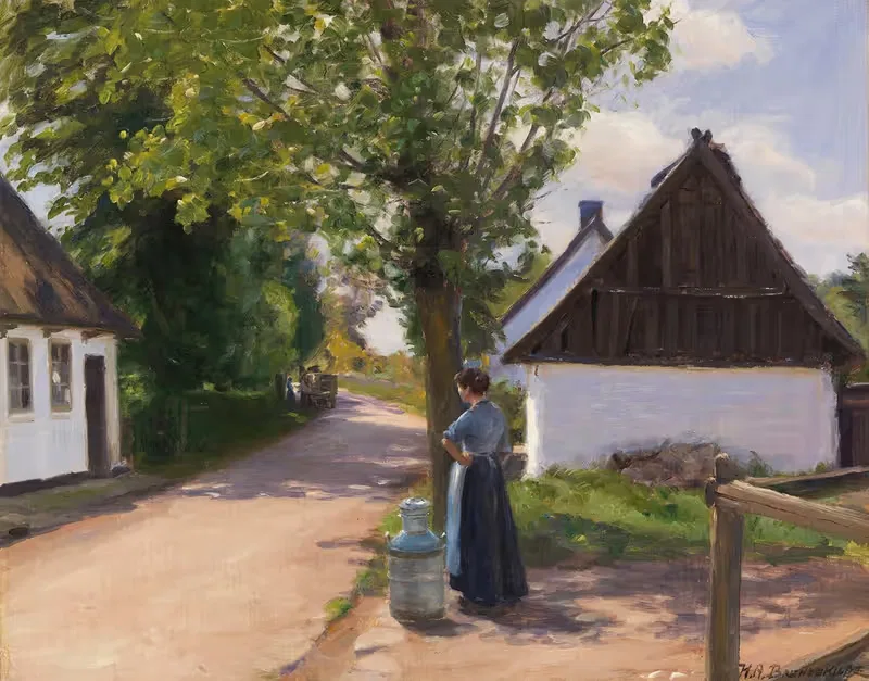 Dänische Dorfstraße mit Bäuerin und Milchmann — Hans Andersen Brendekilde
