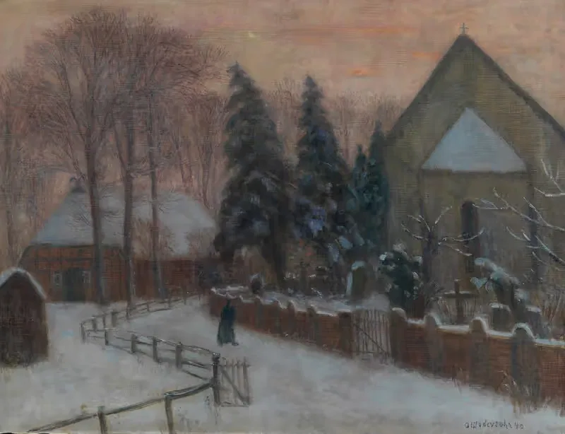 Winterabend, Fischerhuder Kirche mit Heimathaus — Otto Modersohn