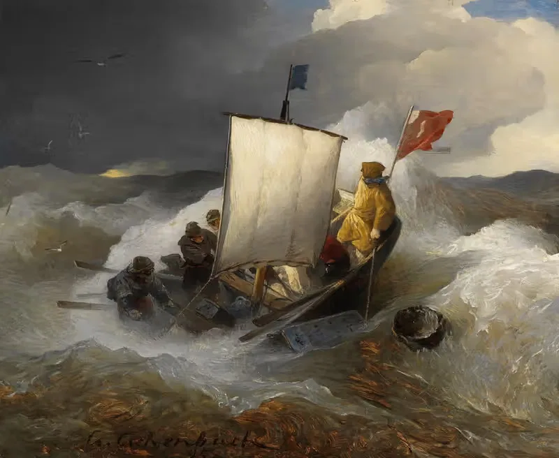 Рыбацкая лодка на бурном море by Андреас Ахенбах, 1895 — digital art print download