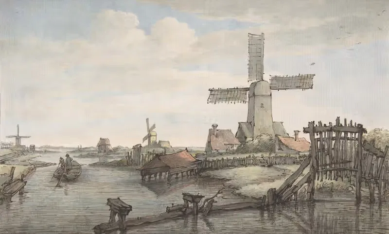 View of a Canal with Three Windmills — Jan Hulswit