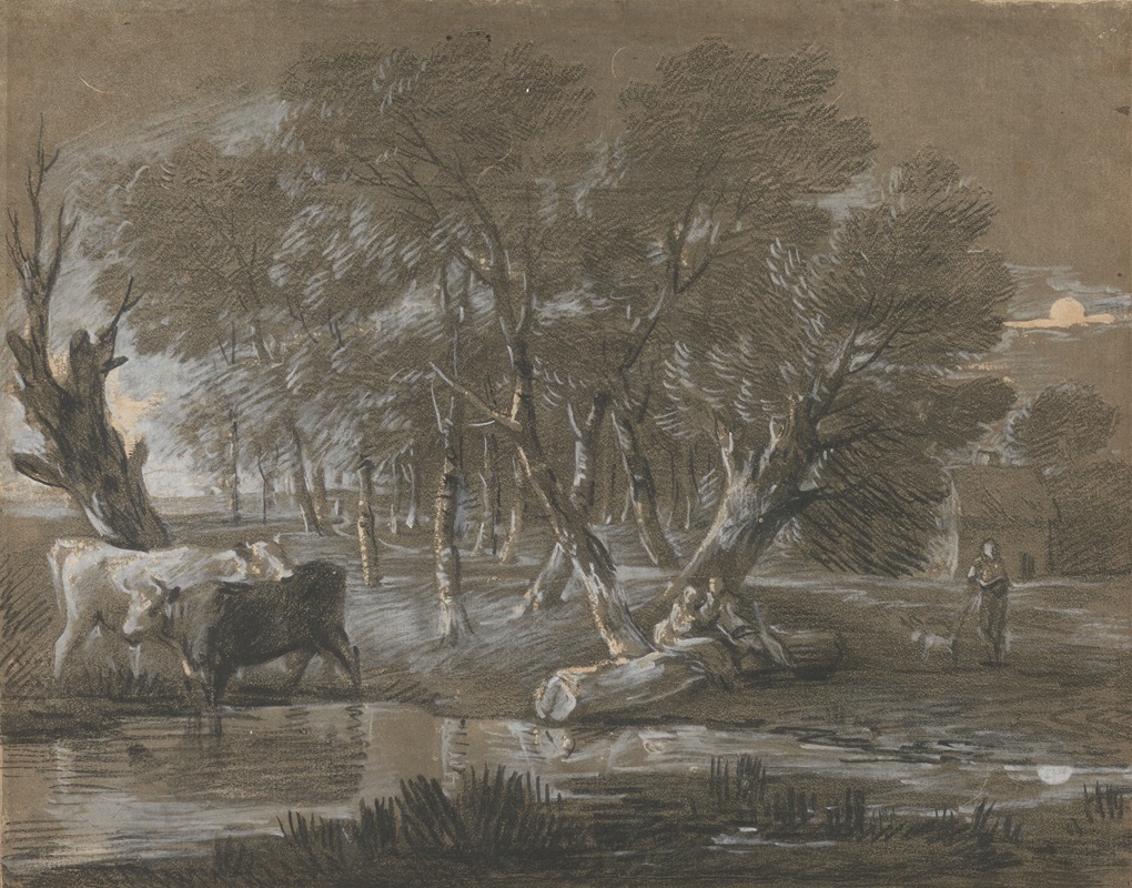 A Moonlit Landscape with Cattle by a Pool by Томас Гейнсборо — digital art print download