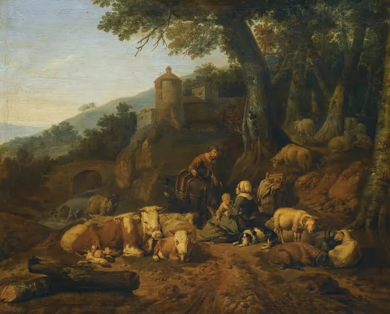 A Landscape With Drovers And Their Flock At Rest — Johann Heinrich Roos