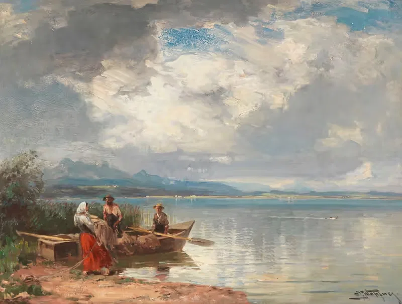Рыбак на берегу озера Химзее by Иосиф Вопфнер, 1900 — digital art print download