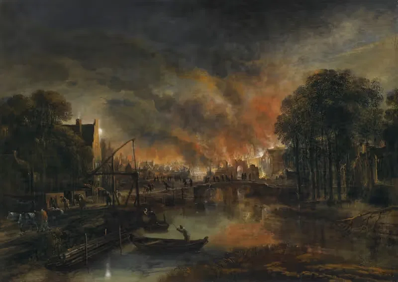 A Moonlit Landscape With A Burning Village — Aert van der Neer