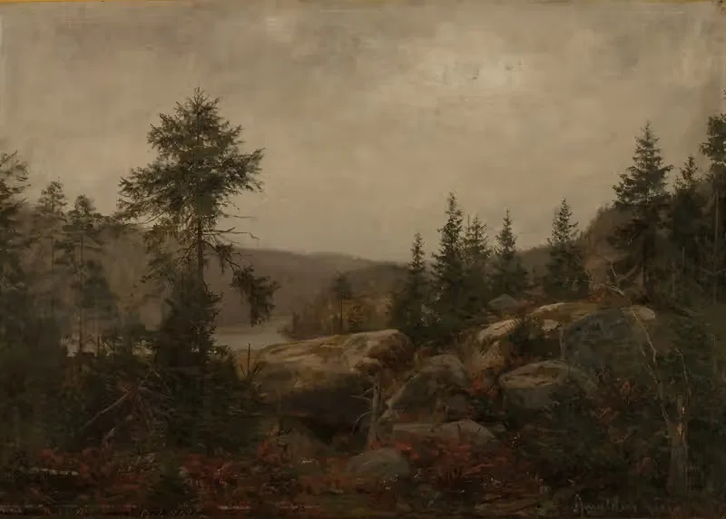 Duskregn . Gården Foss, Mandalselven — Amaldus Nielsen