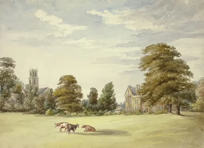Cows before Manor House and Church — Elizabeth Murray