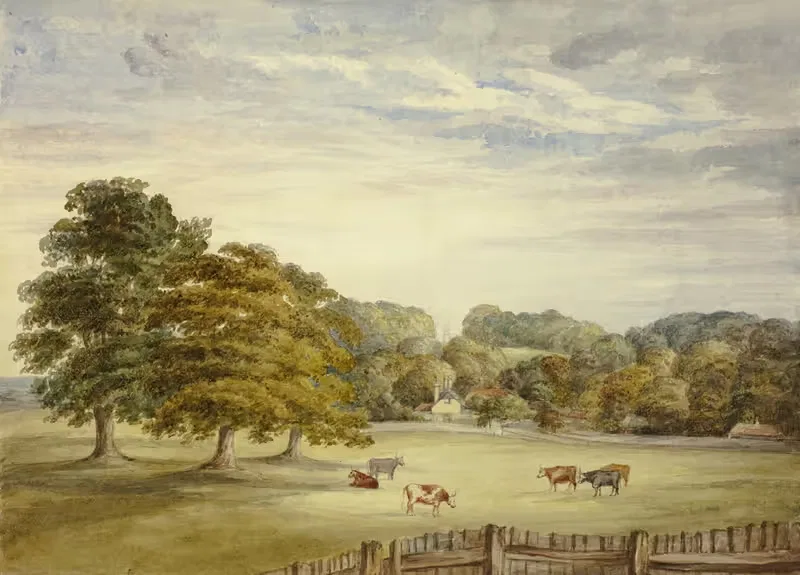 Six Cows Grazing before Country House — Elizabeth Murray