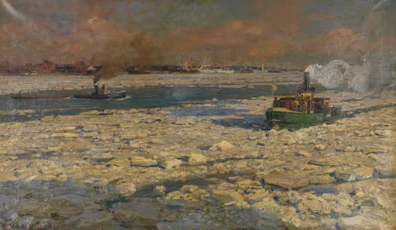 Grüner Fährdampfer im Eis auf der Elbe. 'Wintersonne' — Friedrich Kallmorgen