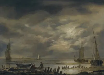 Лунный прибрежный пейзаж с рыбаками на переднем плане by Хендрик Якобсз. Дуббелс — digital art print download
