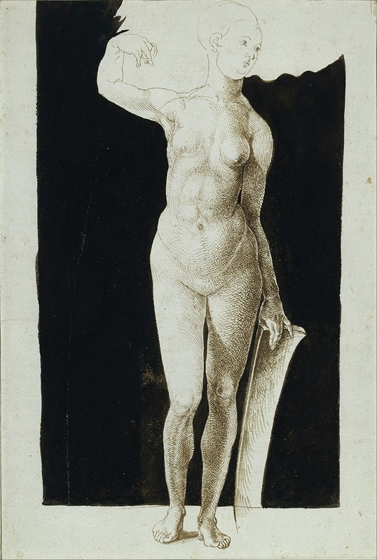 Proportion study of female nude with a shield — Альбрехт Дюрер