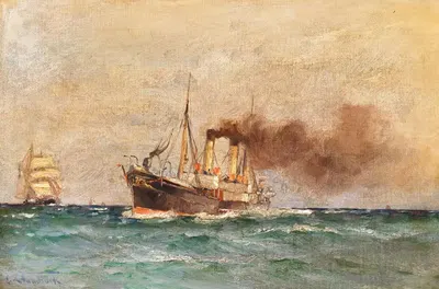 Паровой рыболовный траулер в открытом море by Леонард Сандрок — digital art print download