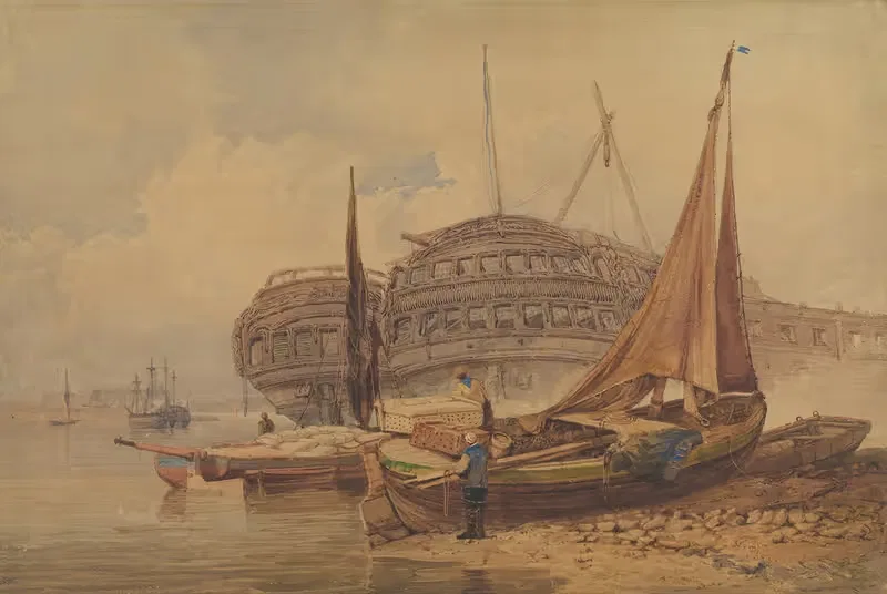 Coastal Scene with Beached Boats in Foreground — Samuel Prout