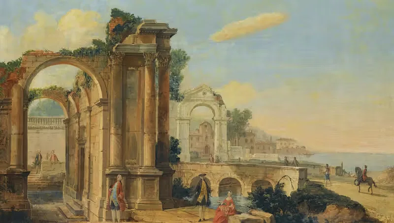 A Capriccio Coastal Landscape With Figures Beneath Ruins — The Pseudo Battaglioli