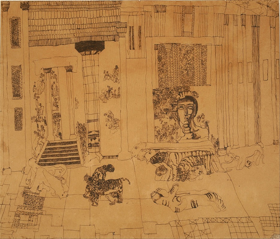 Untitled (palace with emperor statue and tigers) — Carl Fredrik Hill