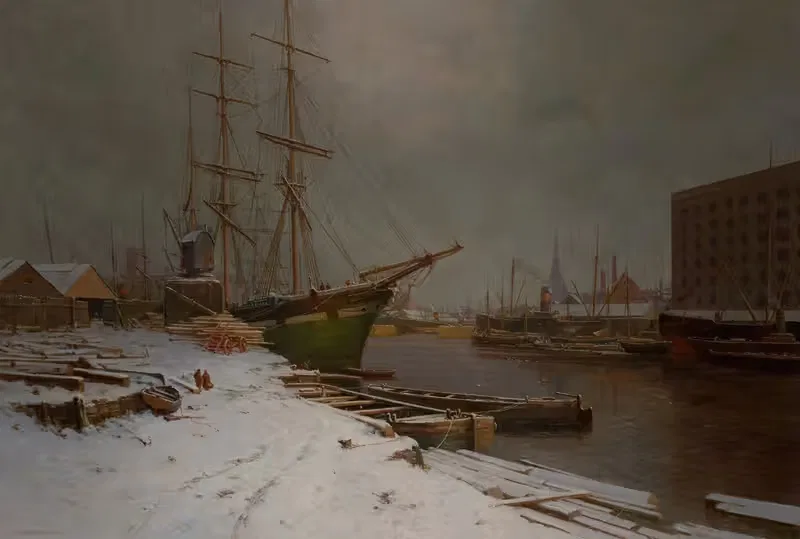 London Harbor in the Snow — Charles Brooke Branwhite